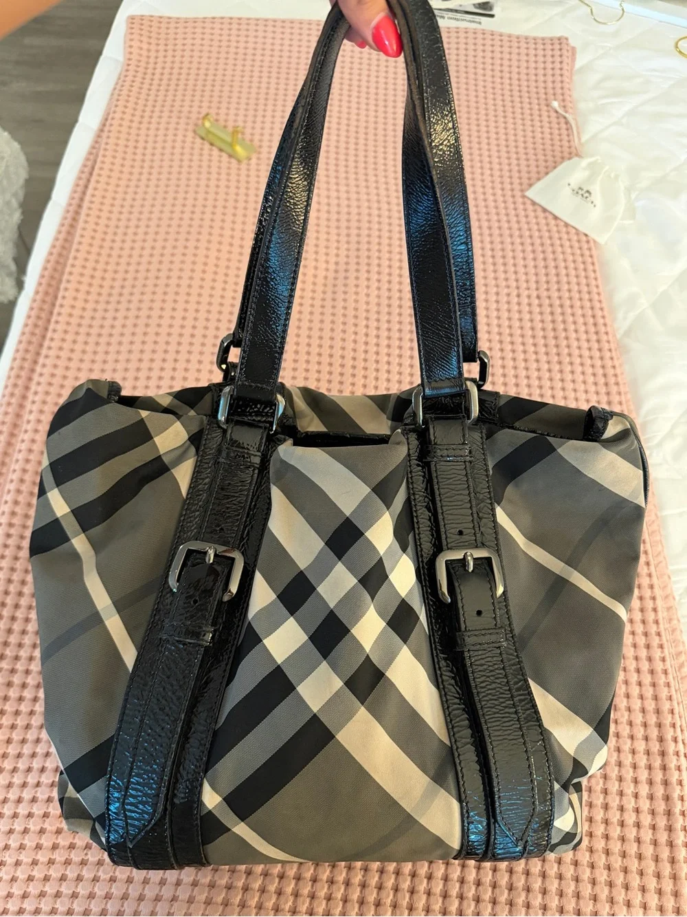 Vintage Burberry Nova Plaid Tote Bag with Patent Leather Straps